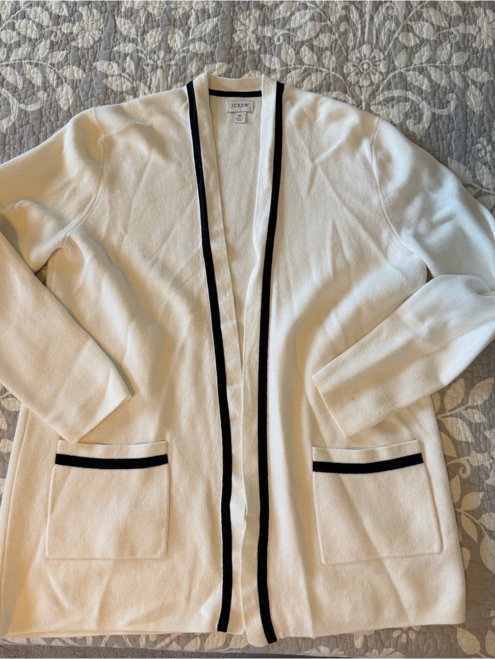 J. Crew Cream Open-Front Cardigan with Black Trim Accents